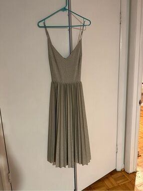 elevenses Taupe Shimmer Spaghetti-Strap Pleated Midi Dress
